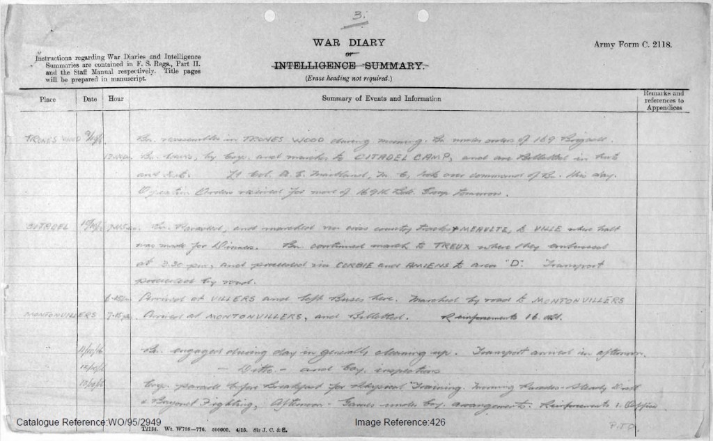 War Diary 9th - 13th October 1916